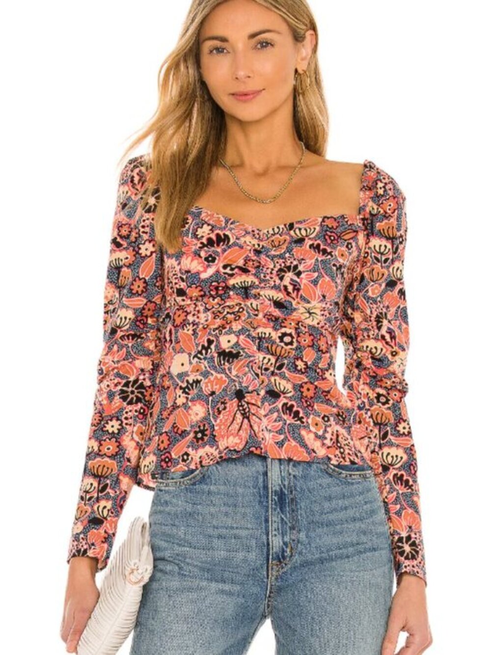 A.L.C. Chandler Floral Puff Sleeve Top Dark Navy Chestnut Sizes 6
